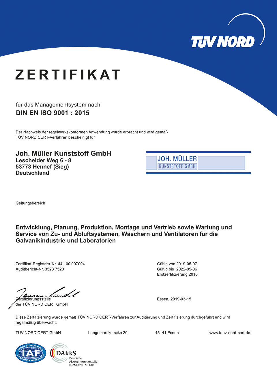 TÜV NORD Zertifizierung 9001:2015 - 2019