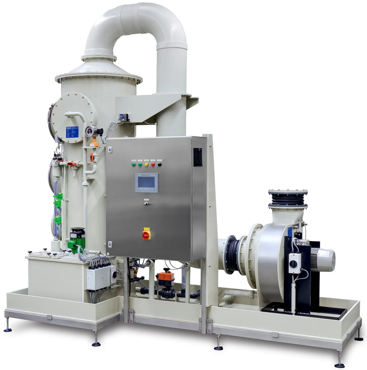 Seitenansicht vorne rechts: Komplette Kunststoff-Absorptionsanlage für Abluftbehandlung, bestehend aus einem Wäscher Typ MAA auf der linken Seite, einem leistungsstarken Ventilator Typ MN auf der rechten Seite und einem integrierten Edelstahlschaltschrank in der Mitte, montiert auf einem stabilen Untergestell